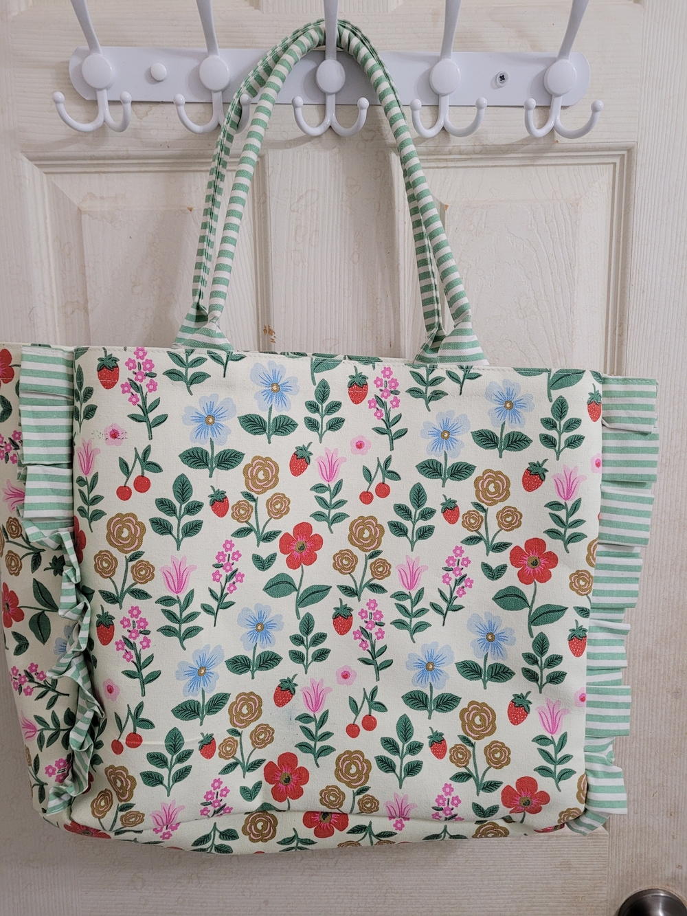 Floral Canvas Tote Bag with Green Stripe Handles